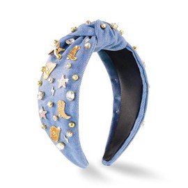 Western Cowgirl Headband for Nashville Trip, Rodeo Outfits for Women, Country Concerts Costume Cowboy Chic Boots Hat Jeweled Knotted Headband Cowgirl Accessories for Western Themed Party (Denim)