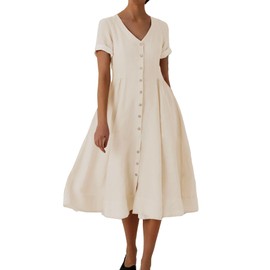 chouyatou Women's Summer Fit and Flare Swing Cotton Dress Casual V-Neck Button Down Beach Midi Dress (Large, Off White)