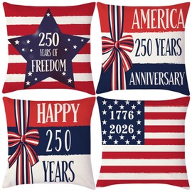 250 Years America Anniversary Pillow Covers Decoration 18x18 inch Set of 4 America Flag Stars and Stripes Cushion Case 4th of July Throw Pillow Case for Sofa Couch Bed Home Outdoor (Happy 250 Years)