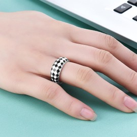Checkered Ring for Women Girls Black and White Checkered Ring Chunky Dome Rings Checkerboard Bands Statement Finger Ring(silver 6)