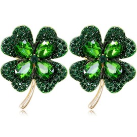 Axmerdal Crystal Rhinestone Flower Bouquet Brooch Pin, Gold Tone, Large (green clover leaves-2pcs)