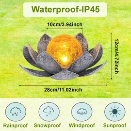 Ragyzity Lotus Solar Lights Outdoor, Bright Lotus Flower Table Lamp, Art Crackle Globe Glass Lotus Decoration, Waterproof Led Metal Flower Light Garden Table Decor for Patio Porch Pathway Lawn Pond