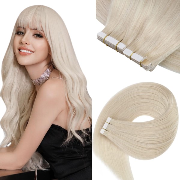 Sunny Tape in Hair Extensions Blonde Tape ins Hair Extensions Real Human Hair #60 Platinum Blonde Seamless Tape ins Human Hair Extensions Dyeable As Needed 50g 20pcs 20inch