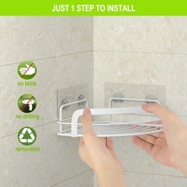 STEUGO 2-Pack Corner Shower with 4 Hooks Adhesive, Bathroom Shower Rack Rust Resistant SUS304 Stainless Steel for Dorm Bathroom Kitchen Storage (White)