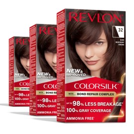 Revlon ColorSilk with Bond Repair Complex, Brown Permanent Hair Color, 100% Gray Coverage, Ammonia Free Hair Dye, Vegan Keratin, 32 Dark Mahogany Brown (Pack of 3)