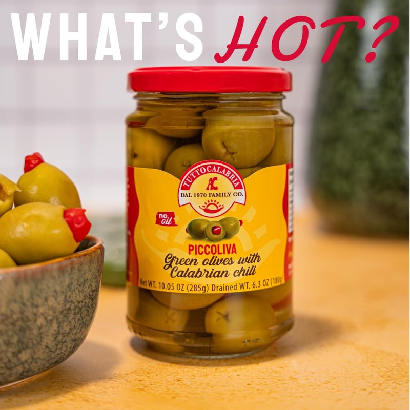 TuttoCalabria PiccOliva Green Olives Stuffed with Whole Calabrian Chili Peppers,