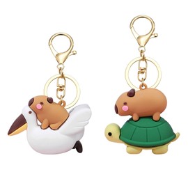 LunarCharm 2 Piece Capybara Keyring, Capybara Animal Figure, Funny Keyring for Backpack, Cute Capybara Keyring, Capybara on Turtle