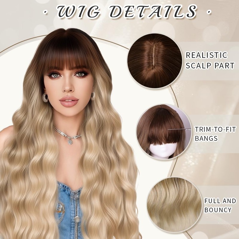 Potoki Ombre Blonde Synthetic Wig with Bangs Long Wavy Wig