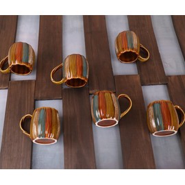 GuangYang 12 Pieces Fine Porcelain Brone Color Glazed Hand-drawn Tea Cups and Saucers,Classical Art Rainbow Pattern 7oz Tea Cup set for 6