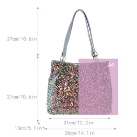 LA HUATE Women Glitter Sequins Shoulder Tote Large Capacity Shopping Bag Zipper Travel Pouch Bag