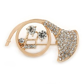Gold Plated Clear Crystal French Horn Musical Instrument Brooch - 45mm W