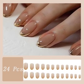 24Pcs Gold French Tip Press on Nails Short Almond Fake Nails with Designs Gold False Nail Tips Glue on Nails Full Cover Acrylic Nails Stick on Nails for Women