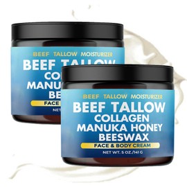 Beef Tallow Collagen Manuka Honey Beeswax, Natural Beef Tallow Moisturizer for Skin, 7 in 1 Grass-fed Tallow and Manuka Honey Cream for Face, Body