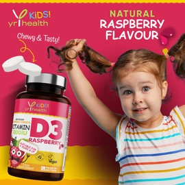 Kids Vitamin D3 1000 iu High Strength - Chewable Raspberry Flavour Vitamin D for Kids 4-12 Years, Vegan Society Registered Tablets not Gummies - 2 Months Supply - Made in The UK by YrHealth