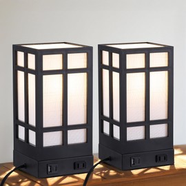 Beside Table Lamp set of 2 with AC Outlet, USB A & C Charging Port,Small Rectangular Nightstand Lamp with Bamboo Linen Shade,LED Bulbs Included,Tabletop Reading Lamp for Living Room/Dorm/Office