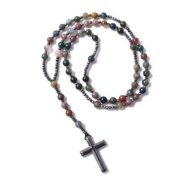 Catholic Rosary Beads Necklace For Women Men Hematite Cross Pendant with Indian Agate and Hematite Stone Prayer Beads Gift Boxed