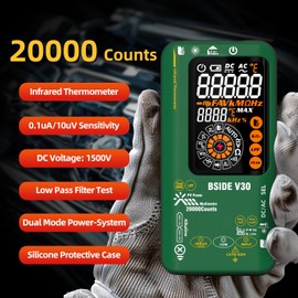 BSIDE 20000 Counts Digital Multimeter Tester TRMS, 0.01mV 0.1μA 1500V Smart Photovoltaic Multimeter, Dual Power Supply Voltmeter Amp Meter High Precision with Large Colour LCD and IR Thermometer
