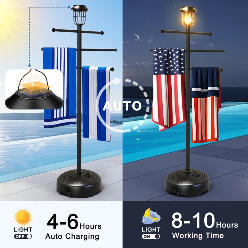 Solar Light Pool Towel Rack with Wheels – 63" Tall