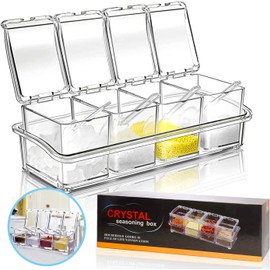 Frascos para Especias,4 Caja organizadora de especias transparente con Recipientes para Condimentos con Tapa, Cuchara y 1 Bandeja,Transparente Especieros para Cocina,Almacene Especias y Granos etc.