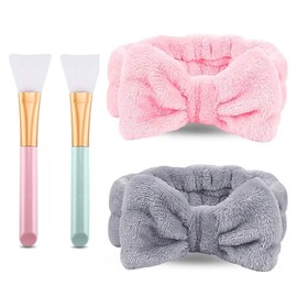 4Pcs Elastic Bowknot Hair Bands with Face Mask Brush Set Soft Fleece Elastic Headband Fluffy Bow Washing Headband and Face Mask Brush Makeup