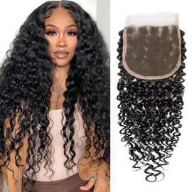 Water Wave Closure Human Hair 4x4 Lace Closure Wet and Wavy Lace Closure Lace Frontal Closure Swiss Lace Closure No Bleached Knots Human Hair Closure Free Part Closure Natural Black 22Inch
