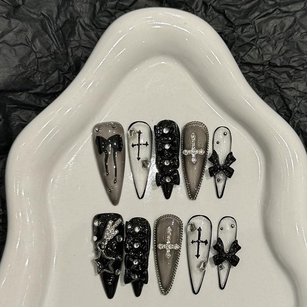 Handmade Press On Nails Long MouyouGlow, Stiletto Black 3D Crystal