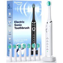Bymore Bymore Electric Toothbrush for Adults,Travel Sonic Toothbrush with 8 Replacement Heads, Ultra Clean RechargeableToothbrush Portable One Charge for 330days 5 Modes 2mins Timer-White