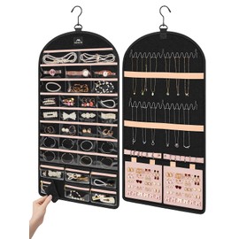 MATEIN Hanging Jewelry Organizer with Detachable Travel Jewelry Pouch, Tangle Free Necklace Hanger Wall Mount with Metal Hook, Large Earring Storage Holder for Bracelet Ring Display, Gifts for Her