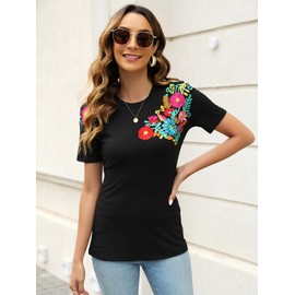 Vackutliv Mexican Shirts for Women Black Flower Embroidered Hippie Style Perfect for Fiesta and Mexican Independence Day Celebrations Pattern Floral Black