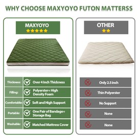 MAXYOYO Japanese Floor Futon Mattress, Extra Thick Mattress Topper Twin Bed Pad Roll Up Foldable Single Mat, Diamond Patterned Japanese Futon Bed, Green