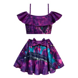 Descendants Bathing Suit for Girls, Cute Princess 2 Pieces Swimsuits Cartoon Printed Swimwear Bikini Sets (8-9 Years, Purple)