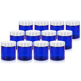 (12 Pack) 12 oz Cobalt Blue PET Plastic Jar with Silver Metal Overshell Lid