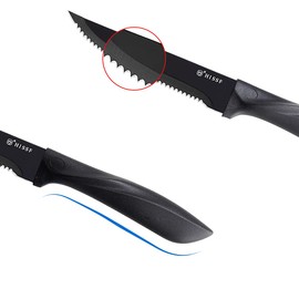HISSF Steak Knives Set of 8, Black Serrated Stainless Steel Sharp Blade Flatware Steak Knife Set, 4.5 Inches,Non stick coating for Anti-rusting, for Restaurant Tableware Kitchen Camping