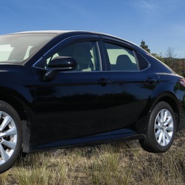 Tape on Outside Mount Window Visor with Chrome Trim Compatible with 2018-2024 Toyota Camry, Acrylic Smoke/Tinted Air Deflector Sun Rain Guard 4pcs by IKON MOTORSPORTS, 2019 2020