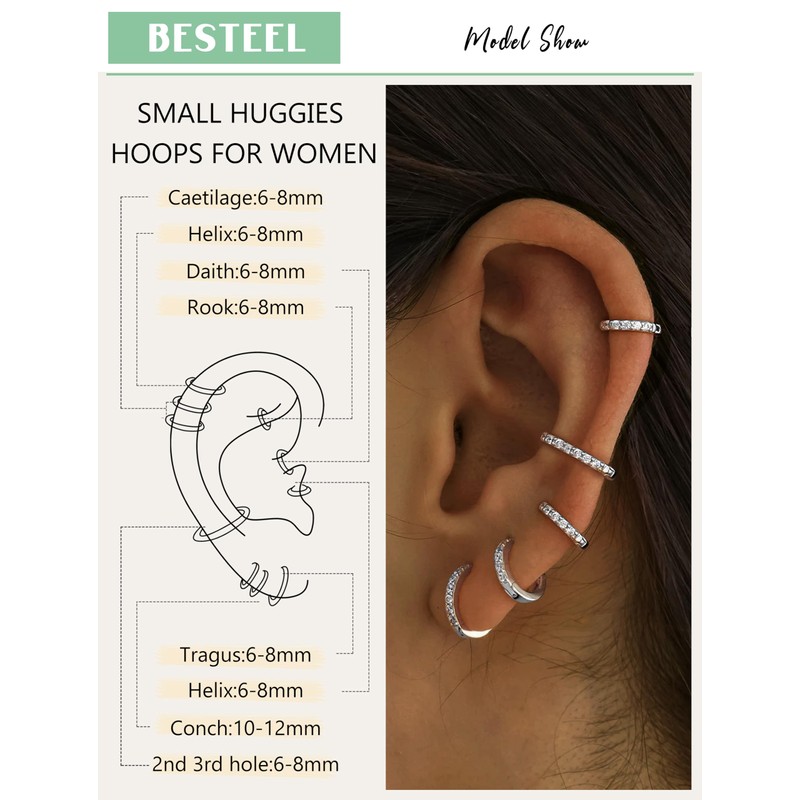 BESTEEL 5 Pairs Small Sterling Silver Hoop Earrings Set for