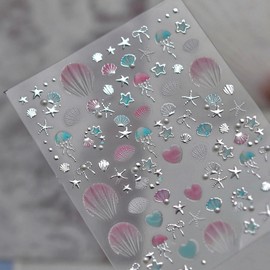 Summer Seashell Starfish Nail Art Sticker Shiny Shell Light Marine Life Decals 5D Acrylic Engraved Nail Stickers Ocean Theme Crystal Diamond Design Adhesive Sliders for Women Girl Manicure Decoration