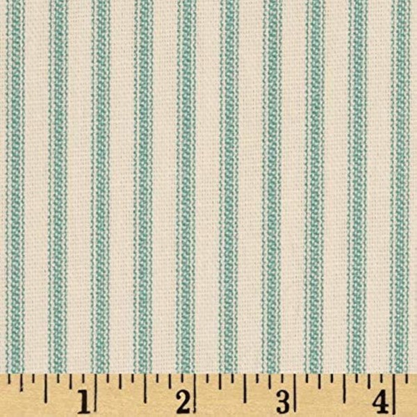 Vertical Ticking Stripe Cotton Duck Ivory Cerulean Aqua, Fabric by