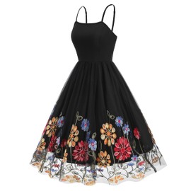 Sleeveless Spaghetti Strap Embroidered Rose Dress for Women Flower Embroidery Dress Valentine's Day Dress Backless Casual Tulle Prom Dresses Wedding Evening Party Cocktail Party Dress Black-Mexico S