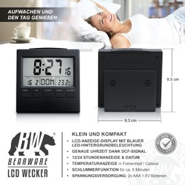 CSL - Funkwecker digital mit Temperaturanzeige - DCF-Funkuhr Reisewecker - 3,3 Zoll LCD-Display mit Blauer LED Hintergrundbeleuchtung - Innen- Datums- und Wochentagsanzeig
