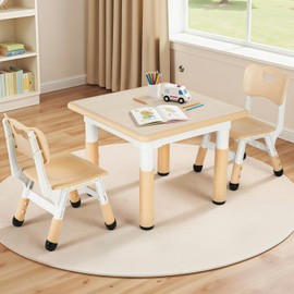 Arlopu Kids Table and Chairs, Height Adjustable Toddler Table and Chair Set, Non-Slip Legs & Easy-Clean Graffiti Desktop (23.6''L X 23.6''W) for Montessori Learning, Daycare, Home (Beige)