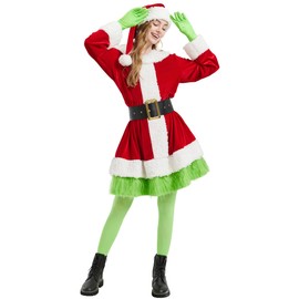 Boveco Christmas Dress for Women 5 Pcs Furry Costume Suit Mrs Claus Outfits with Hat Belt for Xmas Holiday 3XL
