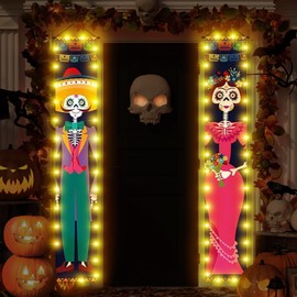 JUGLUTE Decoracion Halloween 180 * 30cm Decoracion de Porche, Hombres y Mujeres Esqueleto Bandera Colgante con Luces para Exterior, Adornos Halloween, Luces Halloween Exterior (Verde y rosa, 180*30cm)
