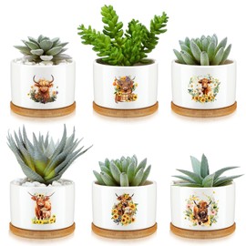 RimCereal 6 Pcs Highland Cow Ceramic Succulent Pots with Drainage and Bamboo Tray Sunflower Cow Gift Small Animal Succulents Planter Cactus Pots for Indoor Plant Office Home Decor (No Plants Included)
