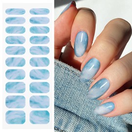 JMEOWIO Gel Nail Stickers White Blue Marble Semi Cured Gel Nail Strips Wraps UV/LED Nails Art Design Decoration Accessories