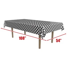 Beistle Checkered Tablecover – Black and White Rectangular Plastic Tablecloth, Disposable Table Decoration for Racing, Sports, 1950s Diner, and Rock & Roll Themed Parties, 54" x 108"