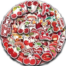 Cherry Stickers, 50 Pcs Cute Fruit Decals, Cherry Bomb Stickers for Kids, Red Aesthetic Vinyl Waterproof Decals for Water Bottles Laptop Cellphone Suitcase Skateboard Guitar