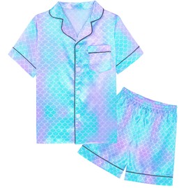 Nidoul Girls Pajamas Satin Short Sleeve Button Down Silky Pjs Girls' Sleepwear Set Mermaid Nightwear for Toddler Kids 3T 4T