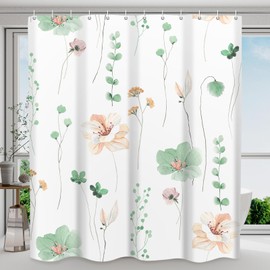 WITHLOC WITHLOC Waterproof Shower Curtain Set with Hooks - Watercolor Sage Green Floral Plant Shower Curtains for Bathroom, 72 x 84