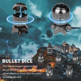 GU BEI TE DND Metal Bullet Dice Set 7-Piece, Spinning Missile Container Design, Polyhedral Blcak Dice for Dungeons & Dragons RPG, MTG Tabletop Games (Role Playing Game Accessories)