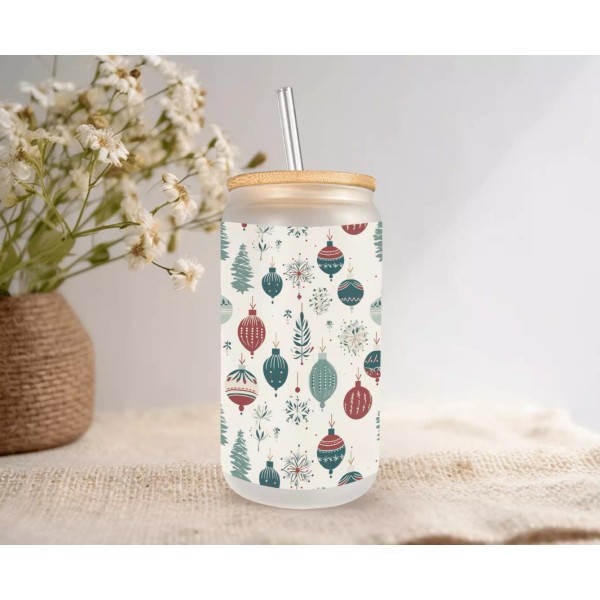 Mugzan Christmas Ornaments Frosted Glass Can With Bamboo Lid 16
